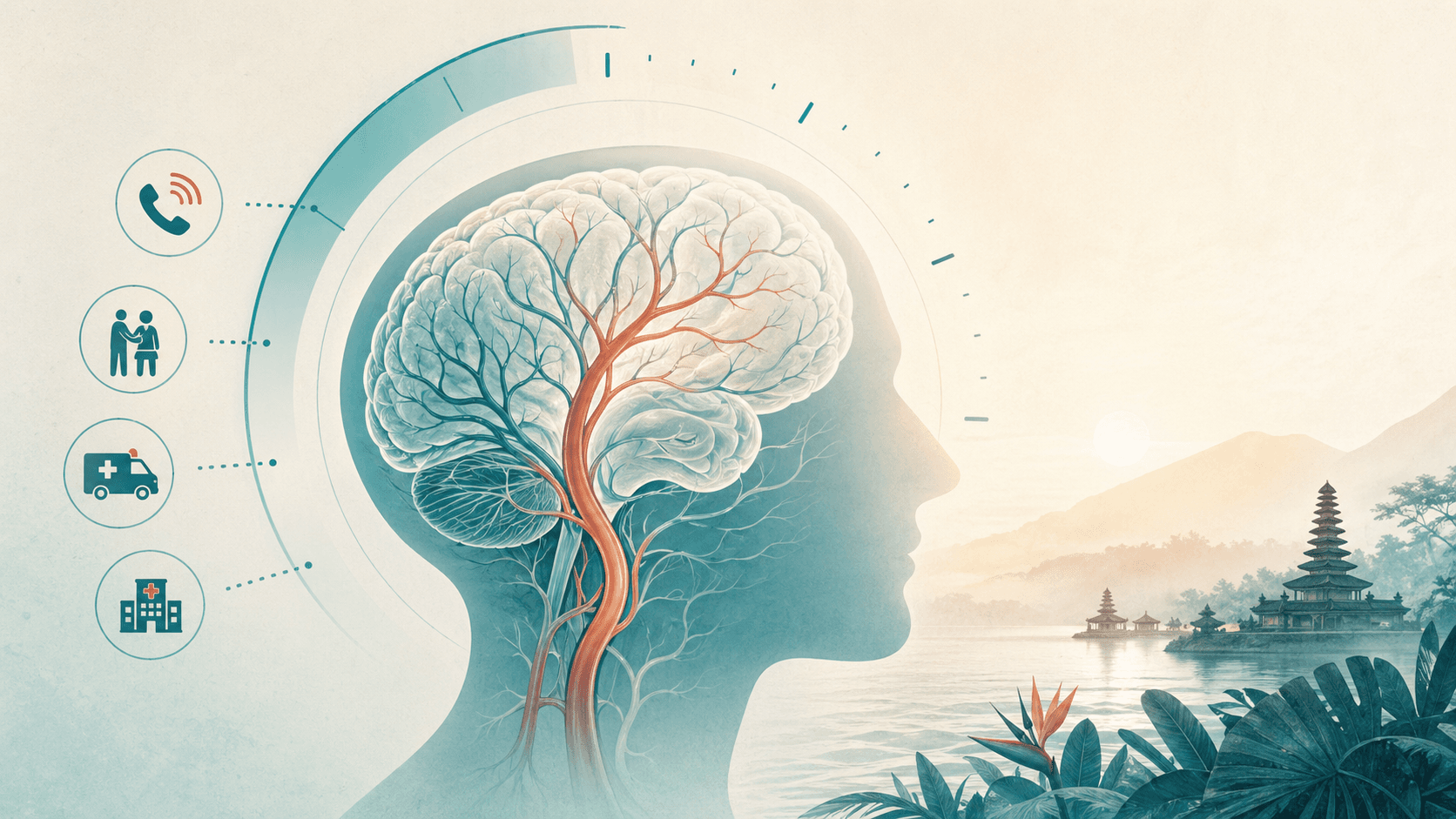 Ilustrasi otak, pembuluh darah, dan penanda waktu untuk edukasi stroke akut.