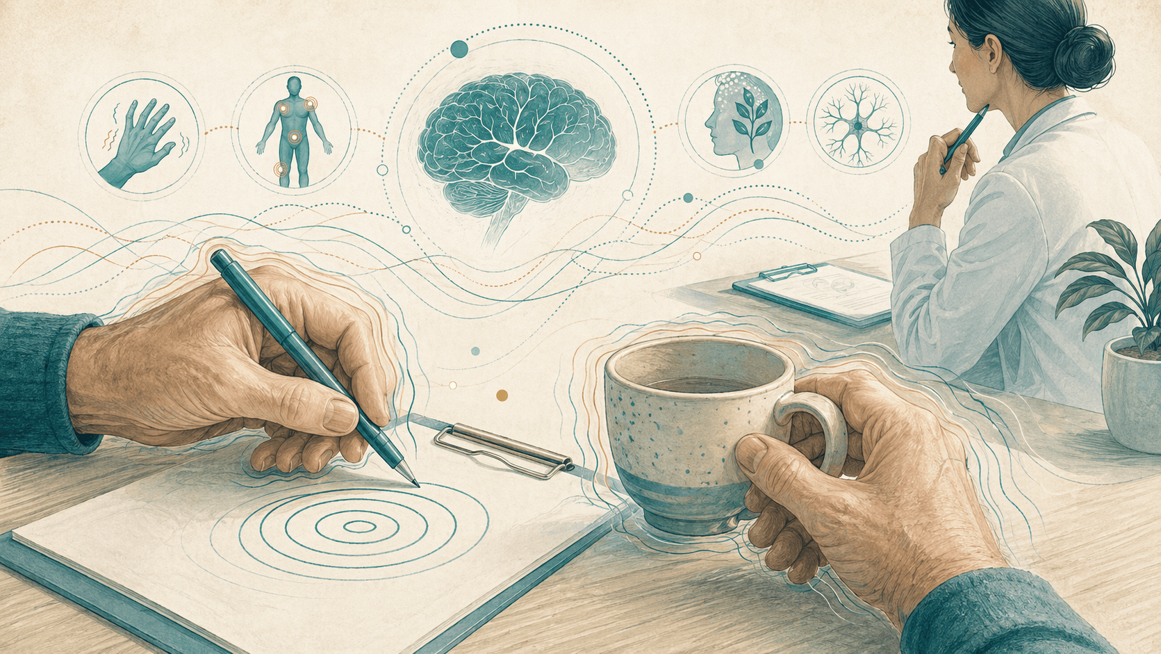 Ilustrasi tangan, spiral, cangkir, dan jalur gerakan untuk artikel tremor.